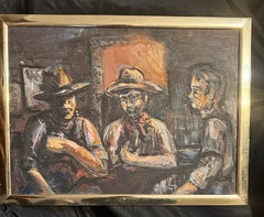 Vintage original framed oil on canvas, bartender and drinking cowboys. Unsigned.